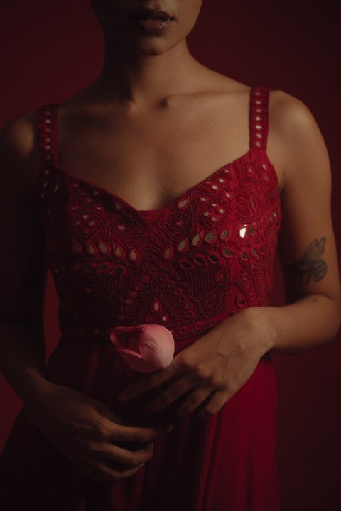 Red mirror work jumpsuit