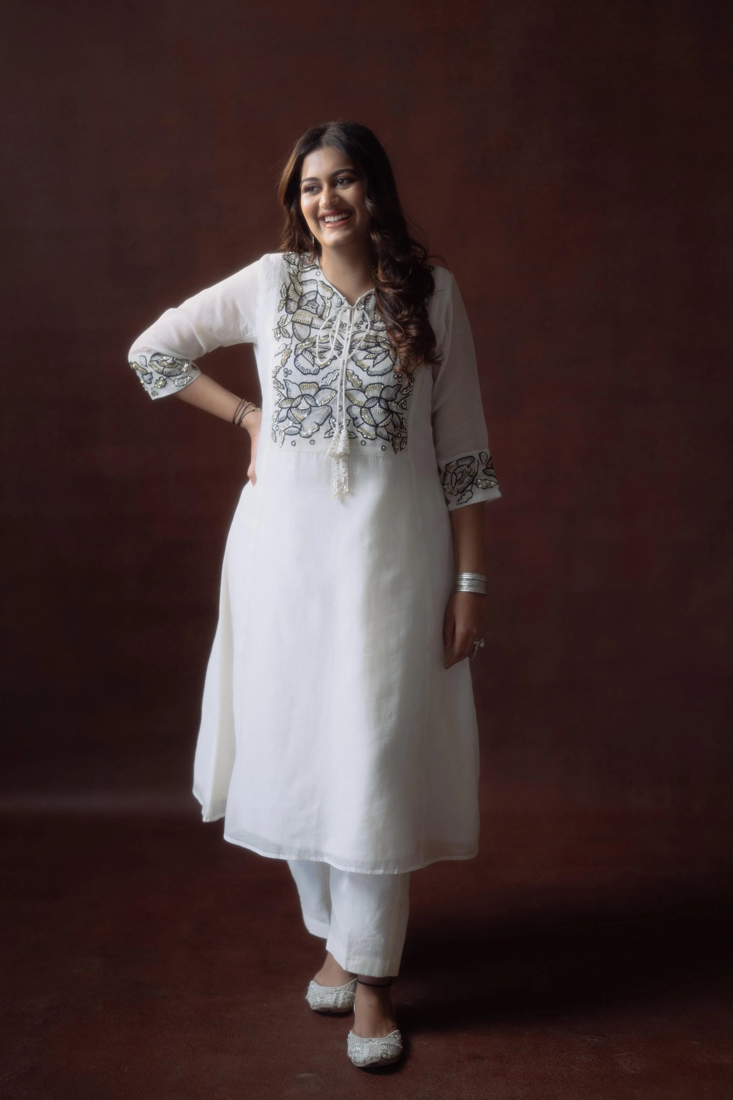 Off White Chanderi Black Embroidery Suit