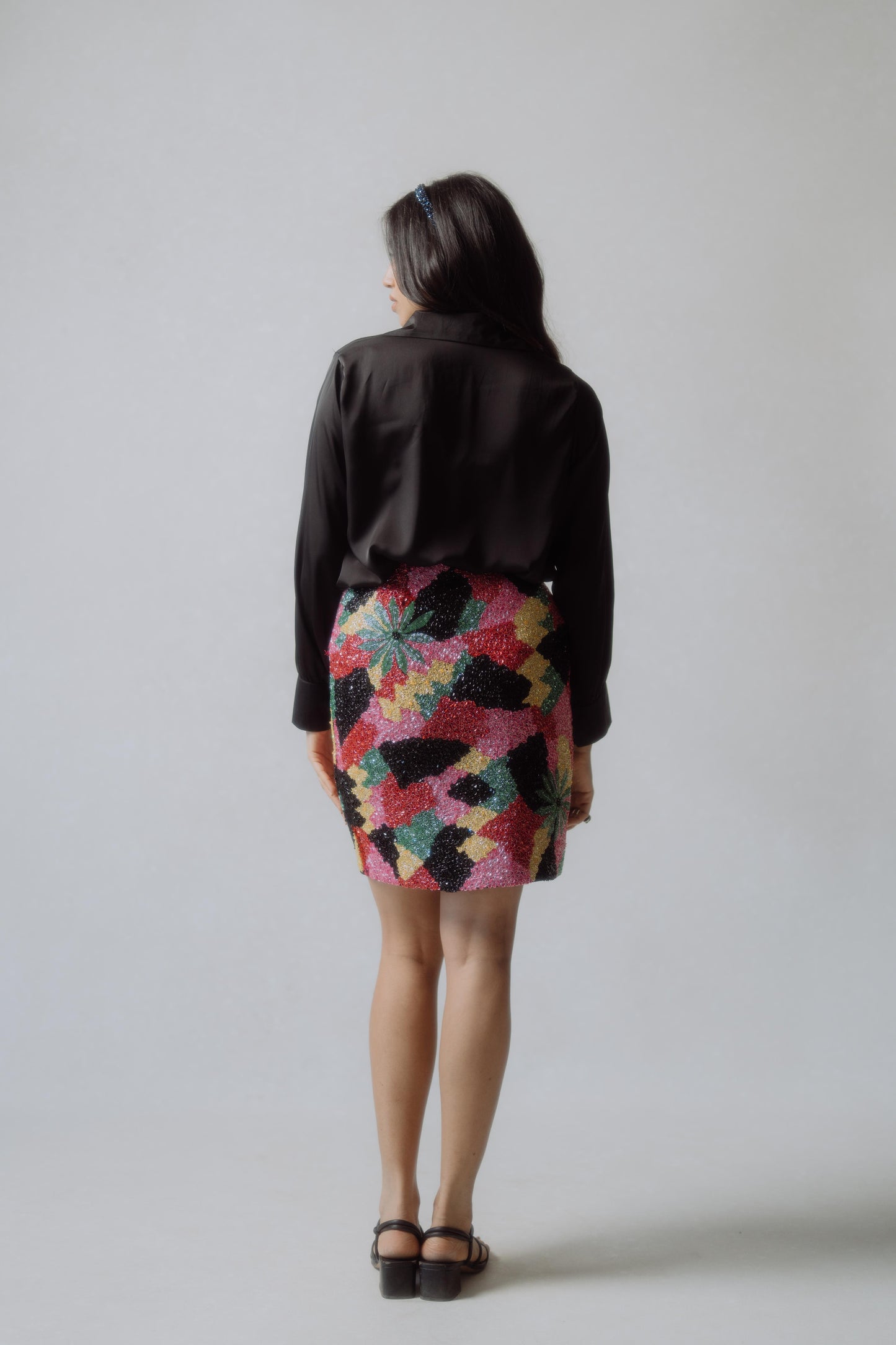 Black Shirt And Multi Work Mini Skirt