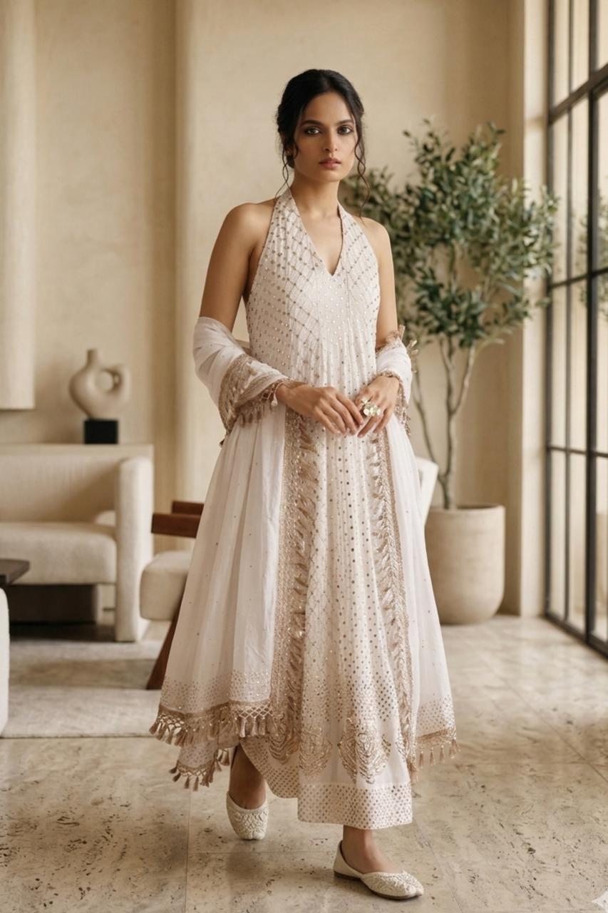 White Halter Neck Anarkali – House Of Mohini