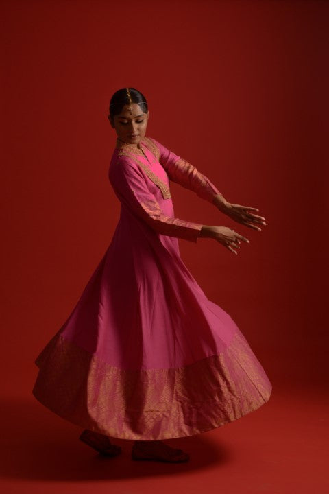 Pink Munga Silk Anarkali