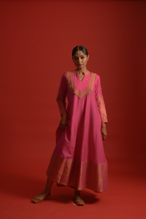 Pink Munga Silk Anarkali