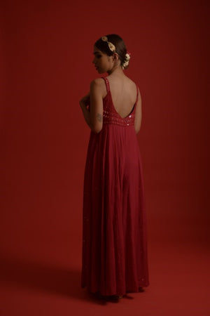 Red mirror work jumpsuit