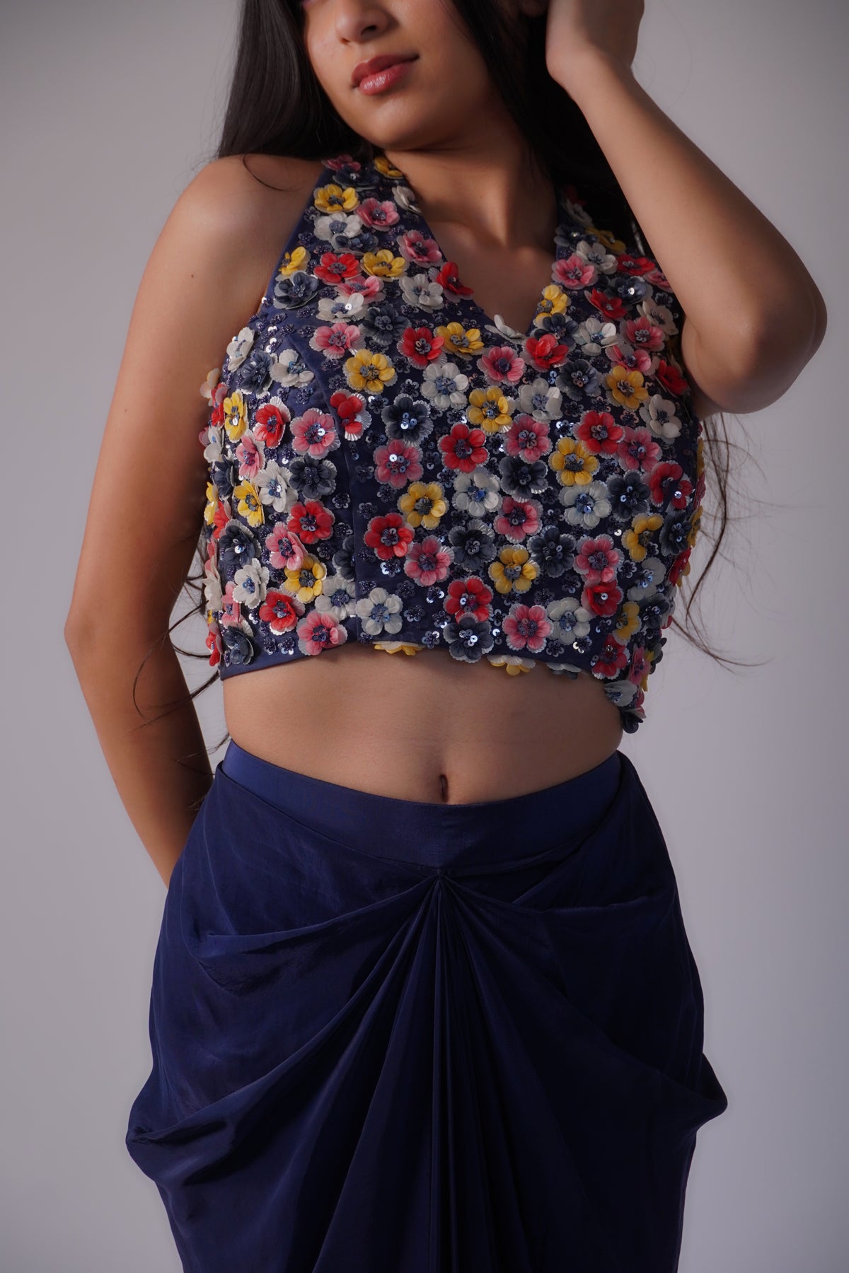 Navy Blue Draped Skirt Set