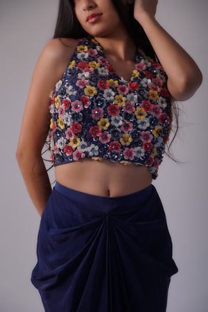 Navy Blue Draped Skirt Set