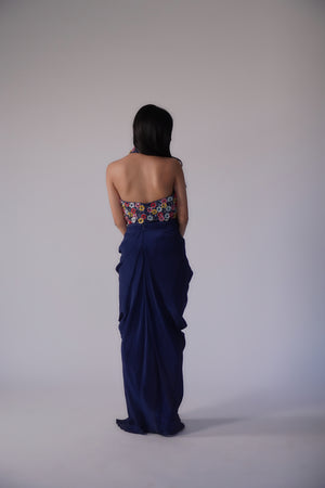 Navy Blue Draped Skirt Set