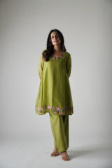 Multi Tikki Ghera Work Olive Green