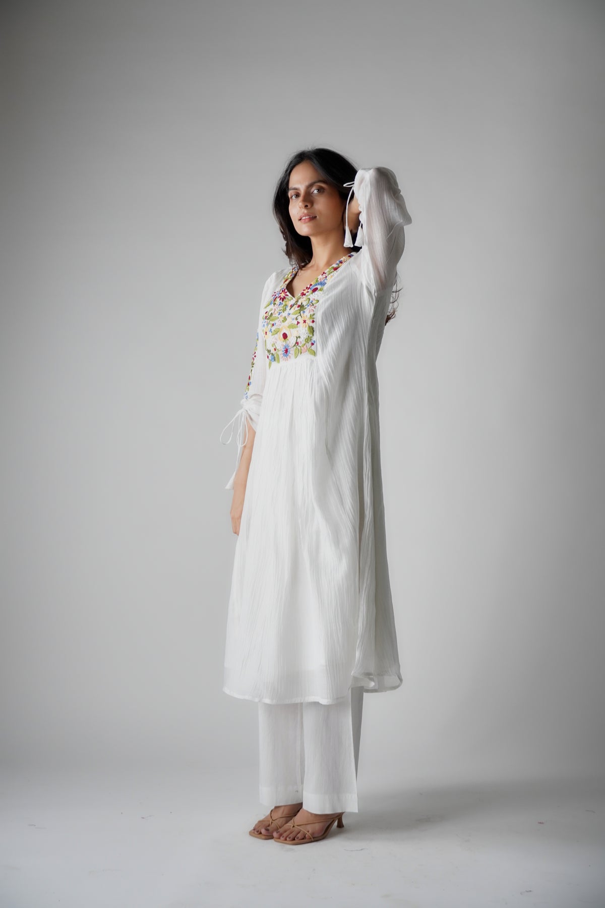 Hand Embroidered Multi Colour Thread Yoke White