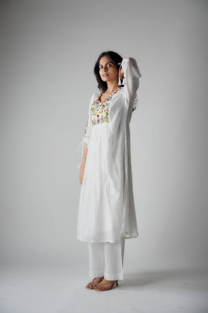 Hand Embroidered Multi Colour Thread Yoke White