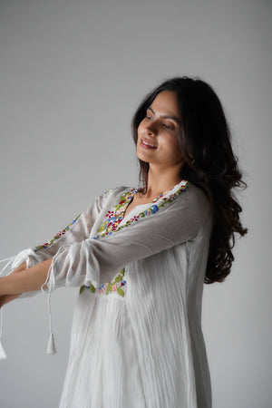 Hand Embroidered Multi Colour Thread Yoke White