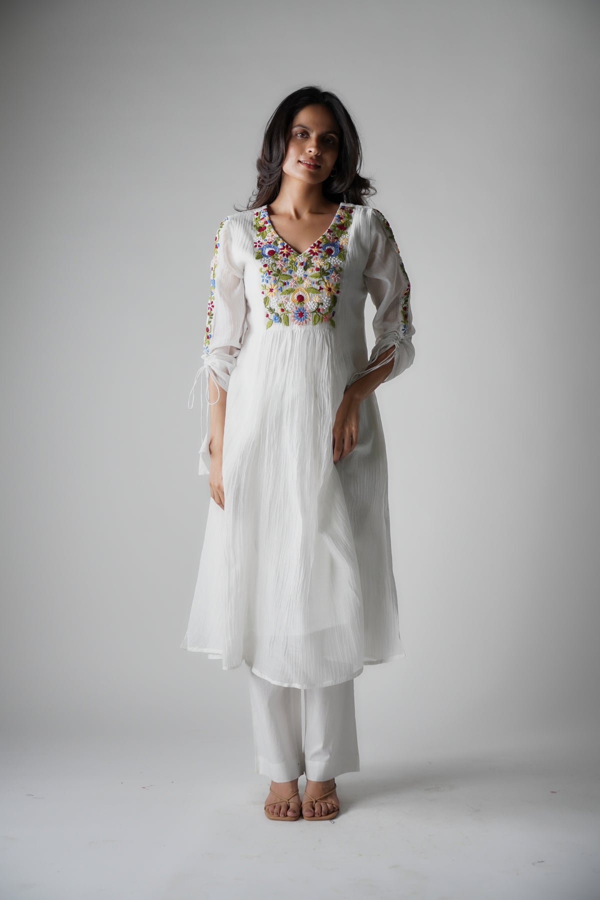 Hand Embroidered Multi Colour Thread Yoke White