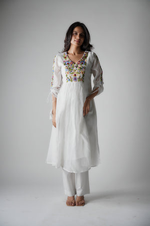 Hand Embroidered Multi Colour Thread Yoke White