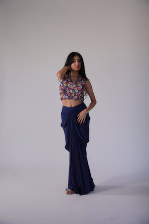 Navy Blue Draped Skirt Set
