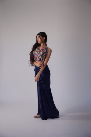 Navy Blue Draped Skirt Set