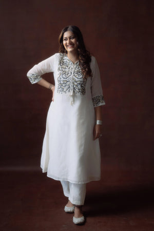 Off White Chanderi Black Embroidery Suit