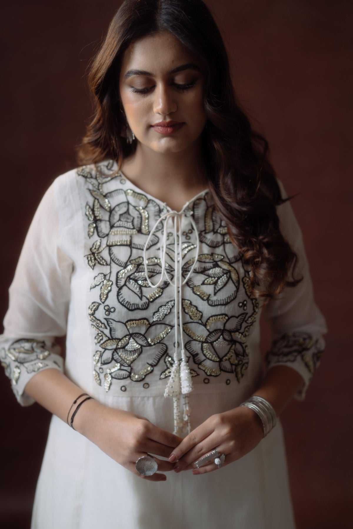 Off White Chanderi Black Embroidery Suit
