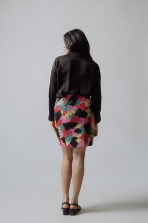 Black Shirt And Multi Work Mini Skirt