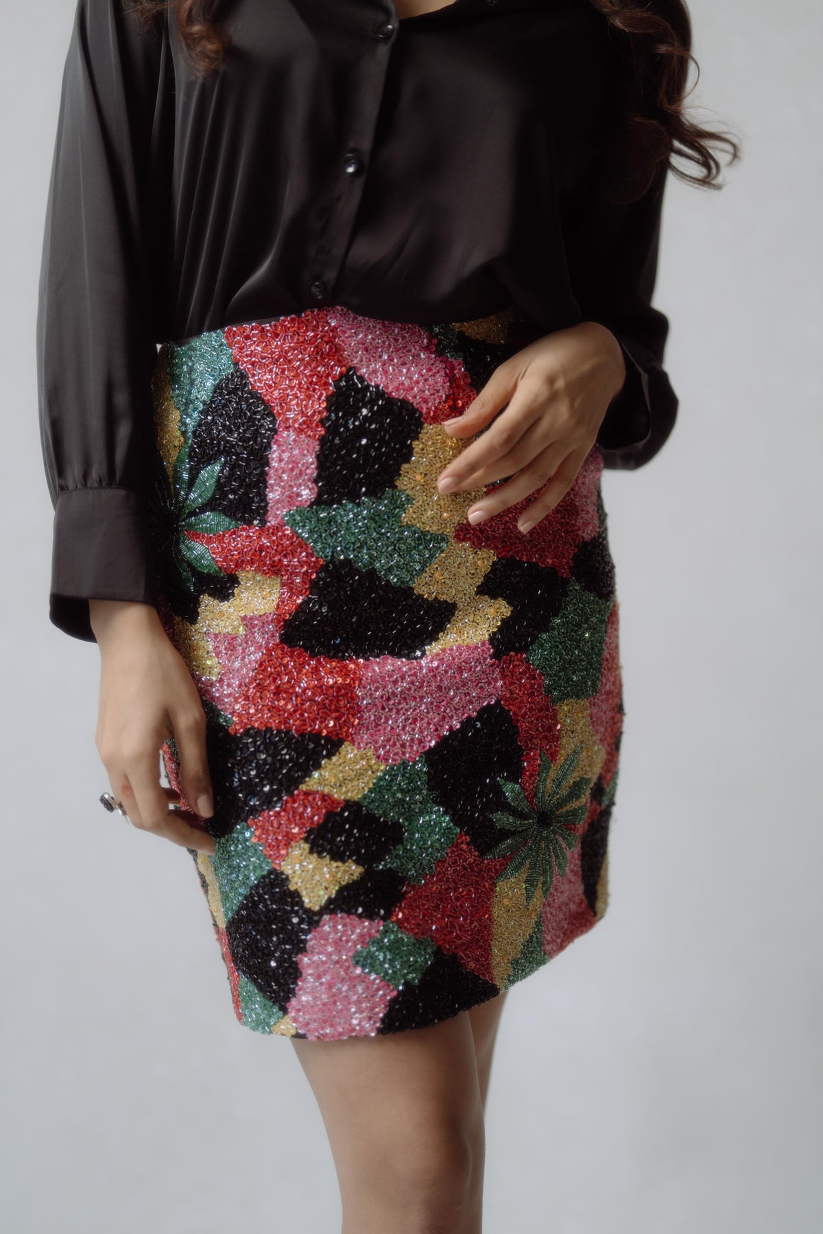 Black Shirt And Multi Work Mini Skirt