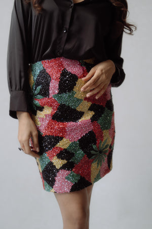 Black Shirt And Multi Work Mini Skirt