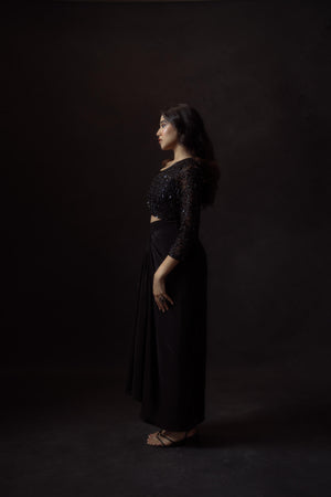 Black One Shoulder Blouse & Draped Skirt Set