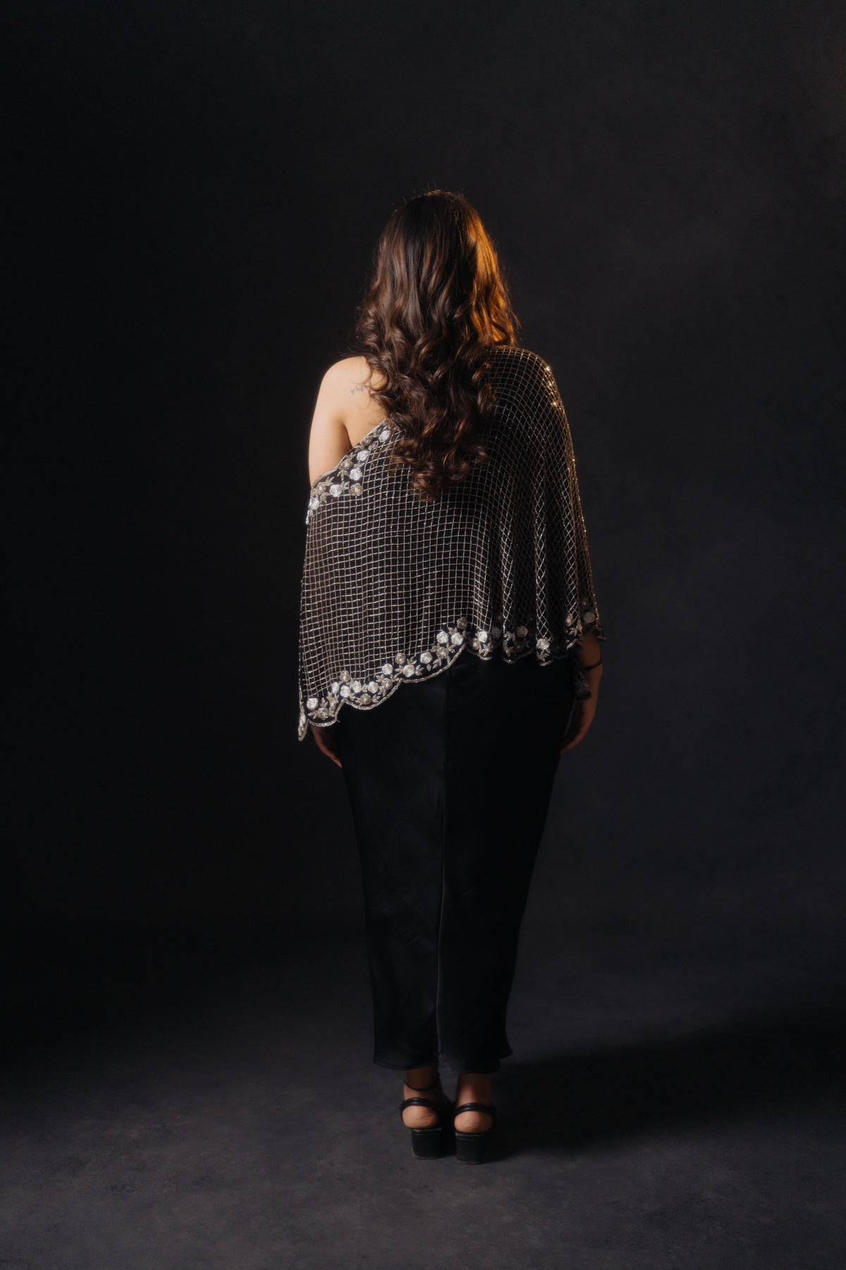 Black One Shoulder Cape Dress