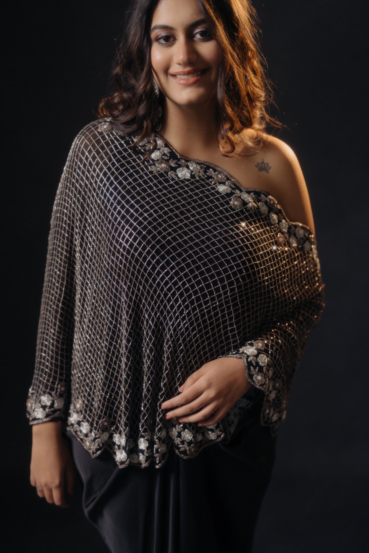 Black One Shoulder Cape Dress
