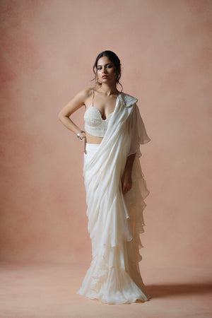 Off White Stitched Saree