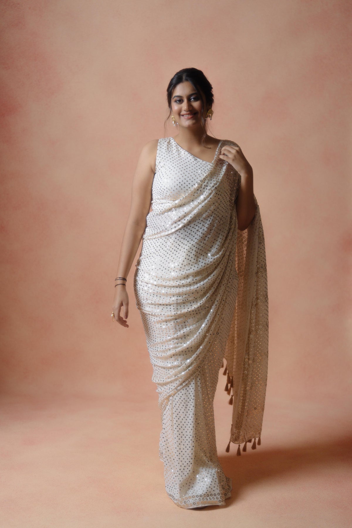 White Mukesh Work Saree