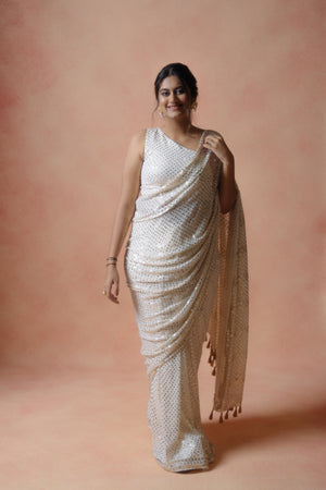 White Mukesh Work Saree