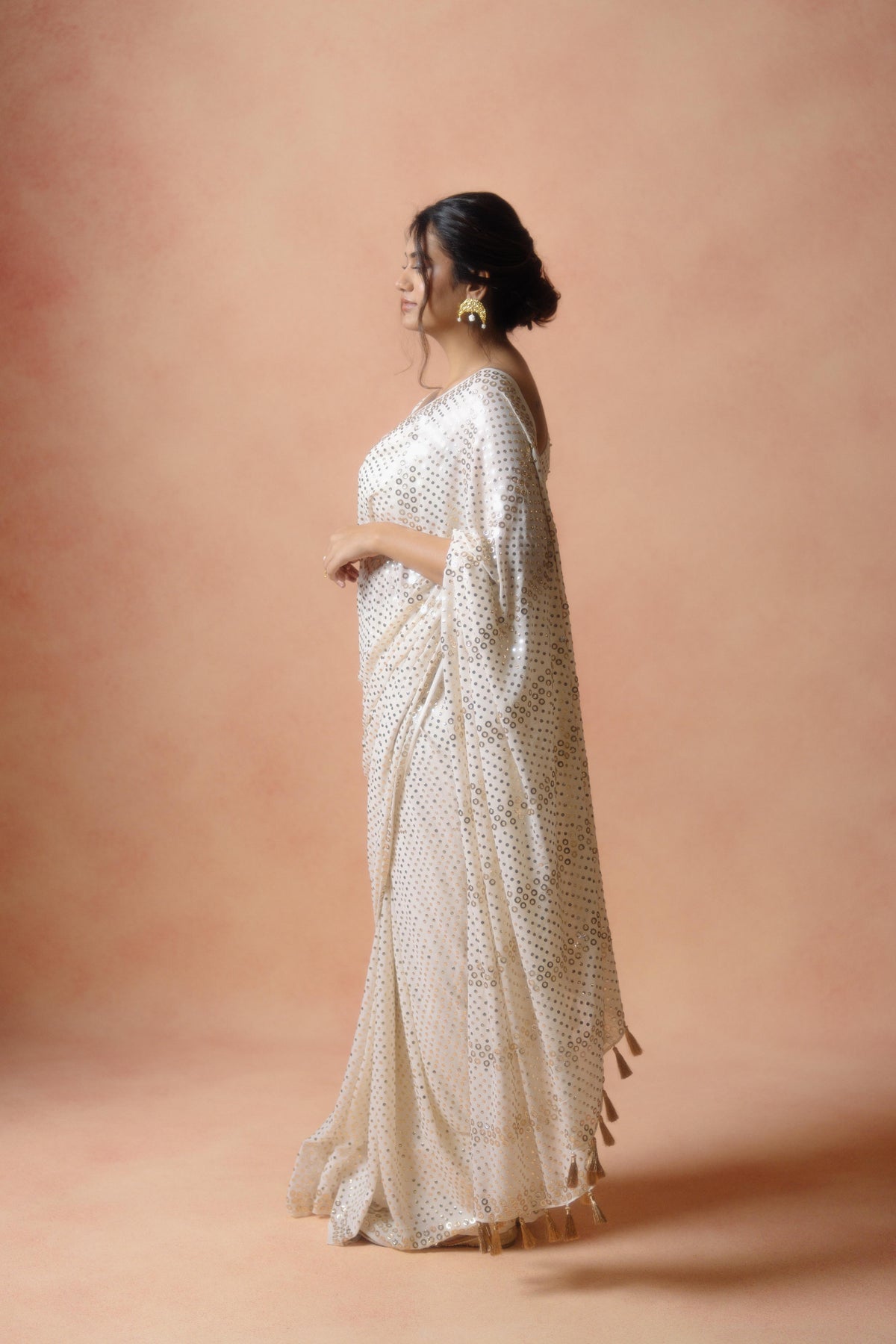 White Mukesh Work Saree
