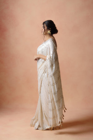 White Mukesh Work Saree