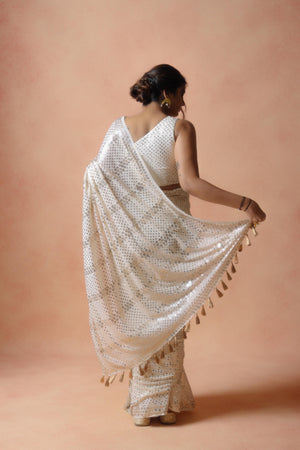 White Mukesh Work Saree