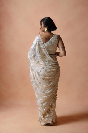 White Mukesh Work Saree