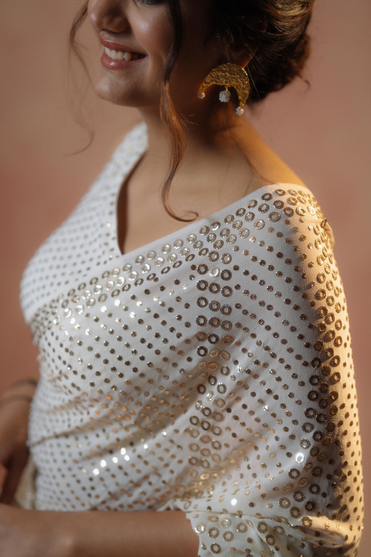 White Mukesh Work Saree