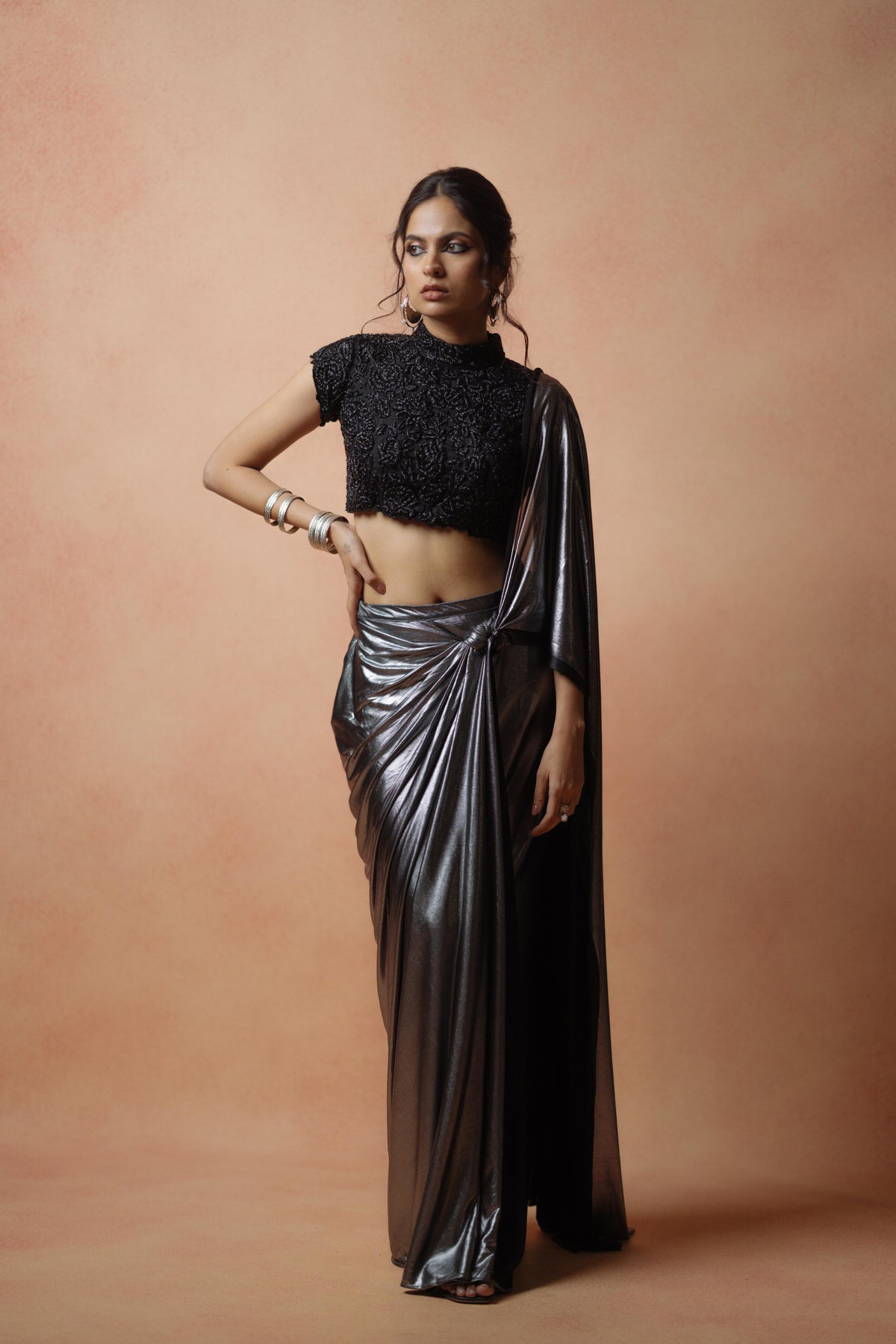 Metallic saree with black blouse