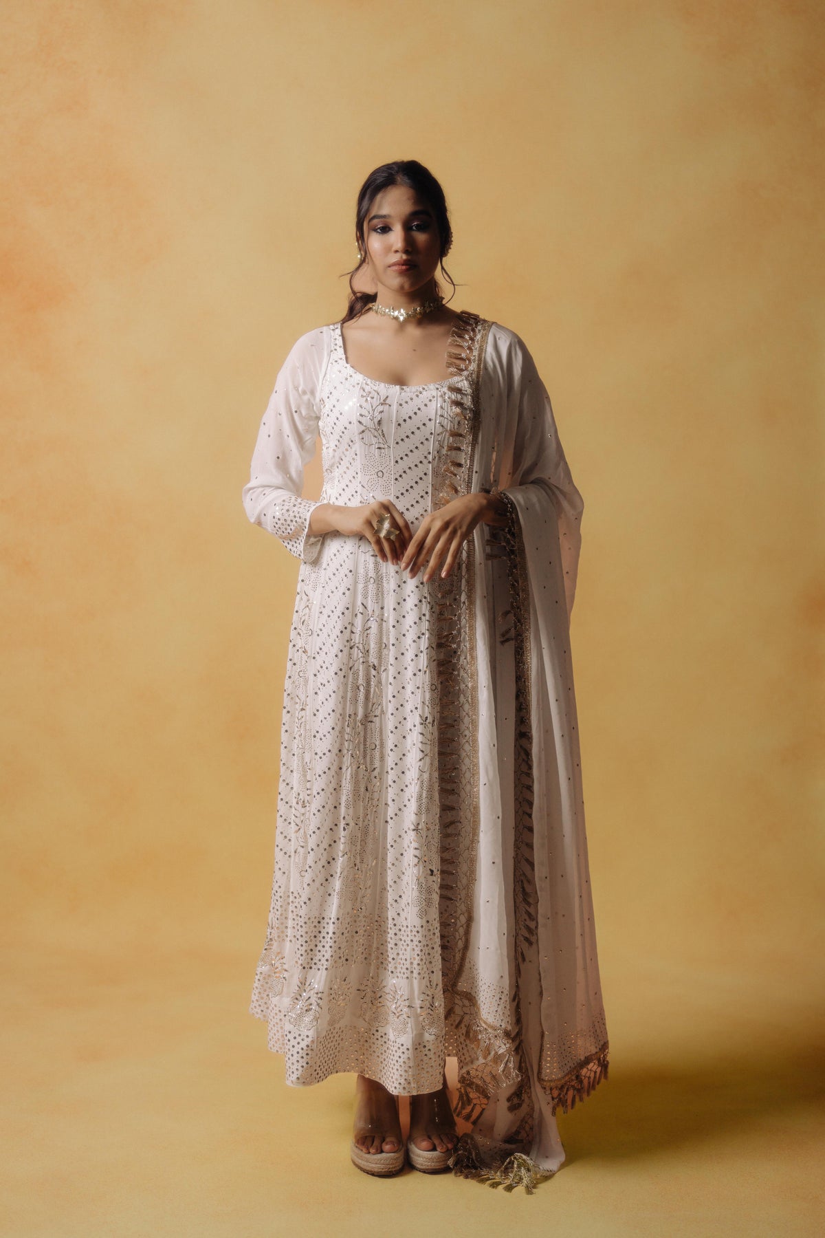 White Mukesh Work Anarkali