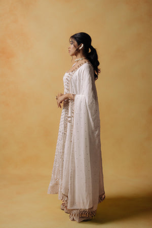 White Mukesh Work Anarkali