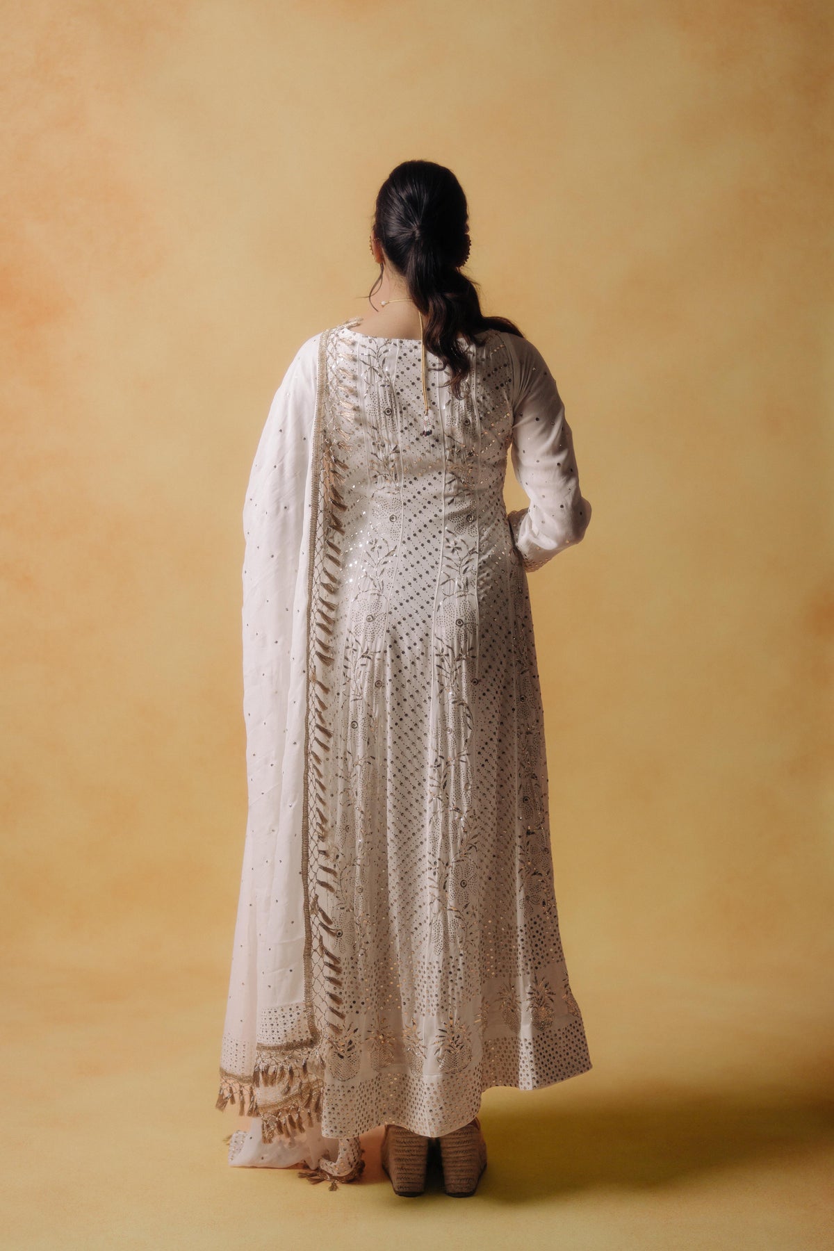 White Mukesh Work Anarkali