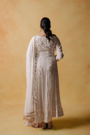 White Mukesh Work Anarkali