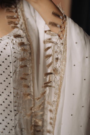 White Mukesh Work Anarkali