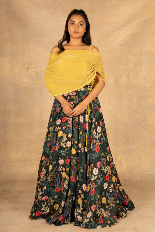 Yellow Crush Top & Printed Lehenga Set