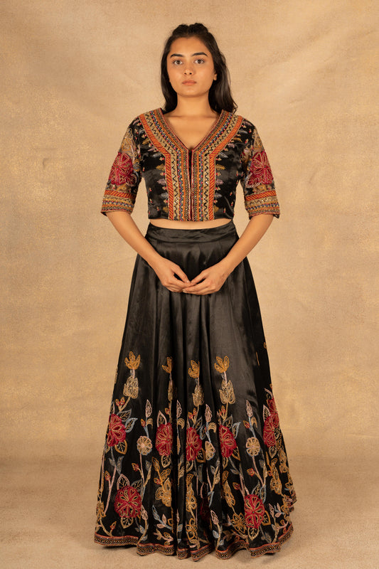 Black Gazi Silk Lehenga Set