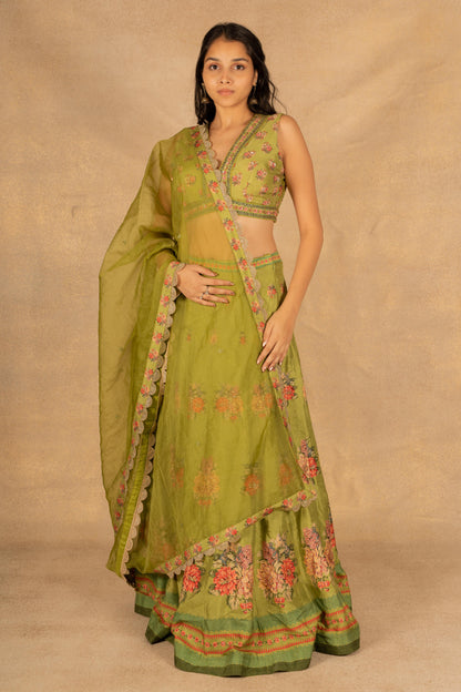 Green Floral Printed Lehenga Set