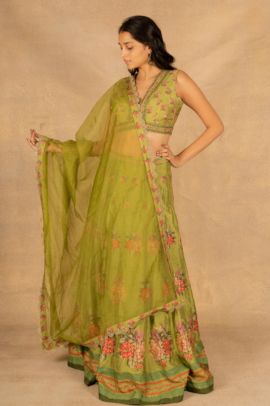 Green Floral Printed Lehenga Set