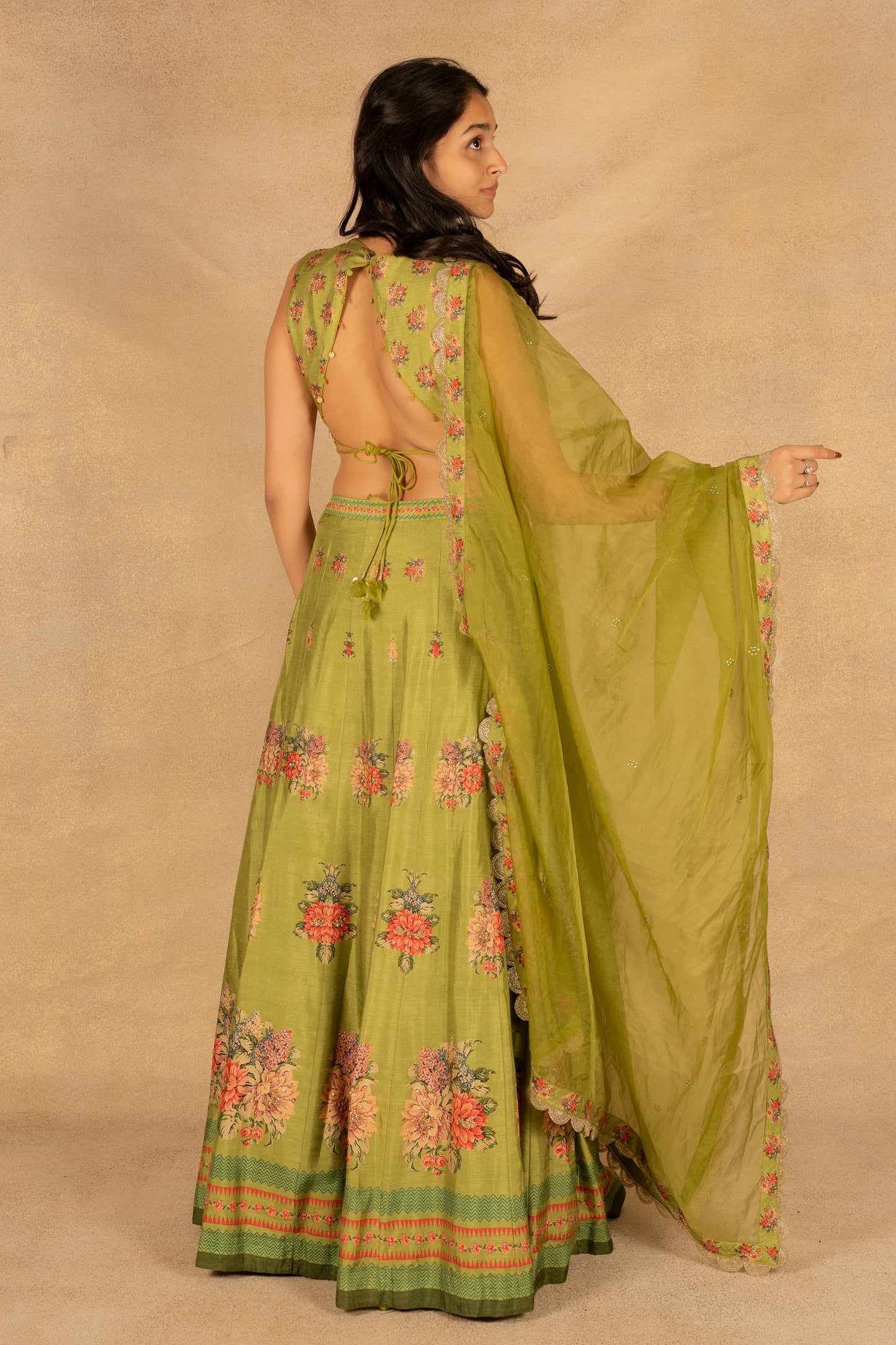 Green Floral Printed Lehenga Set