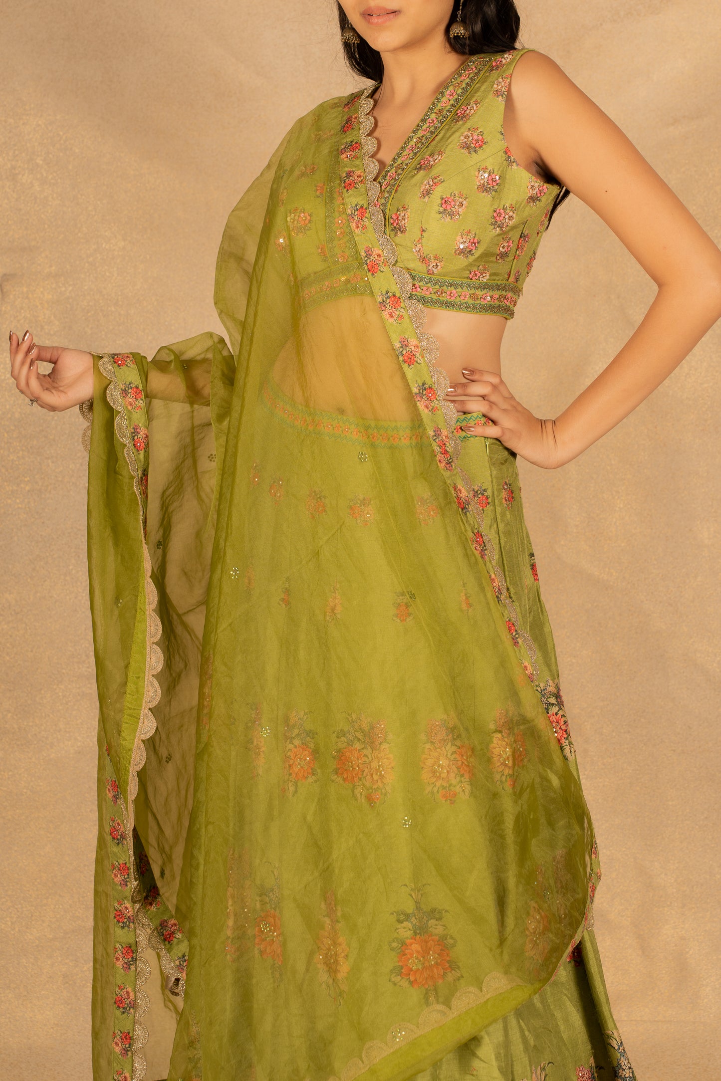 Green Floral Printed Lehenga Set