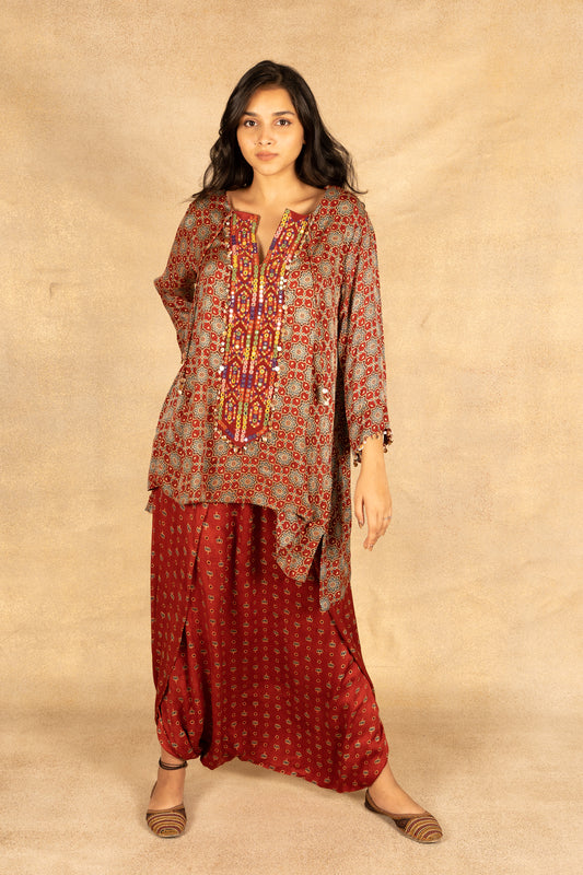 Maroon Modal Ajarakh Print Top and Dhoti