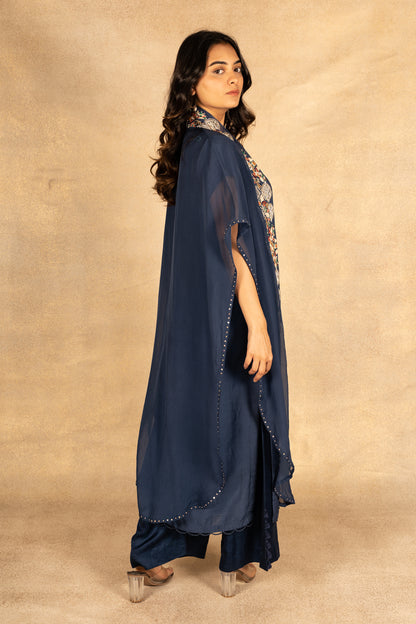 Blue Chanderi Dress with Palazzo And Cape