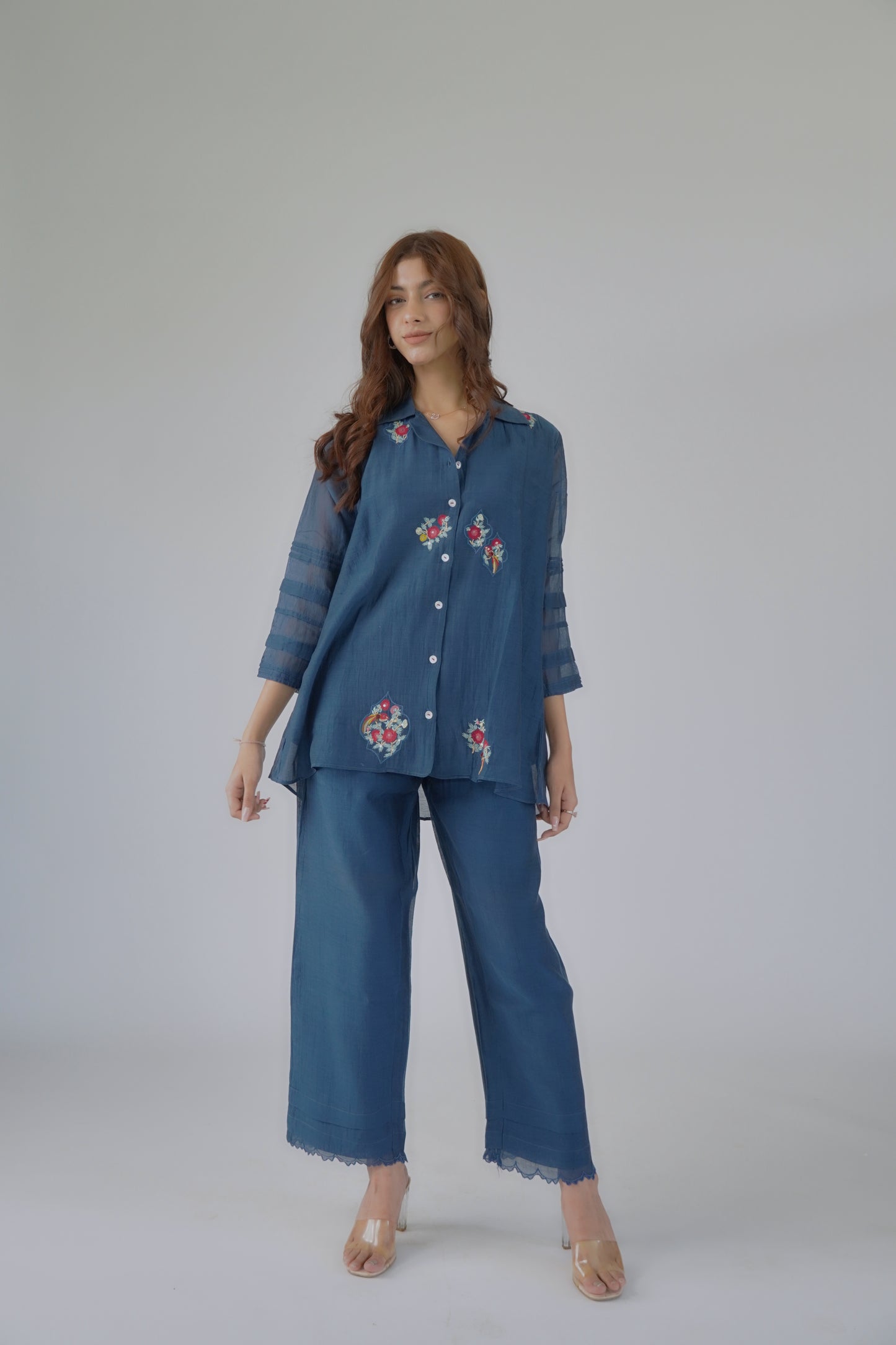 Bird Embroidered Shirt Co-ord Set