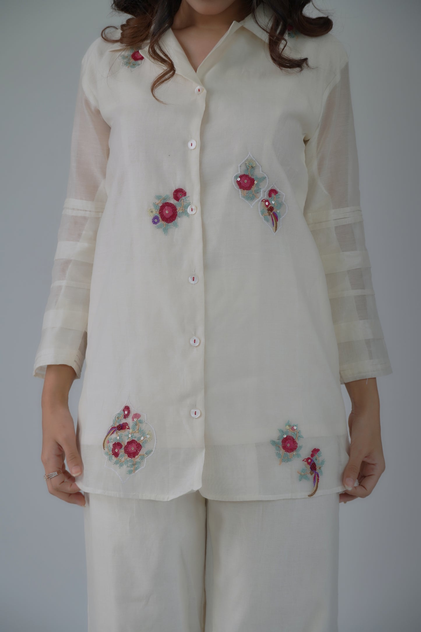 Bird Embroidered Shirt Co-ord Set